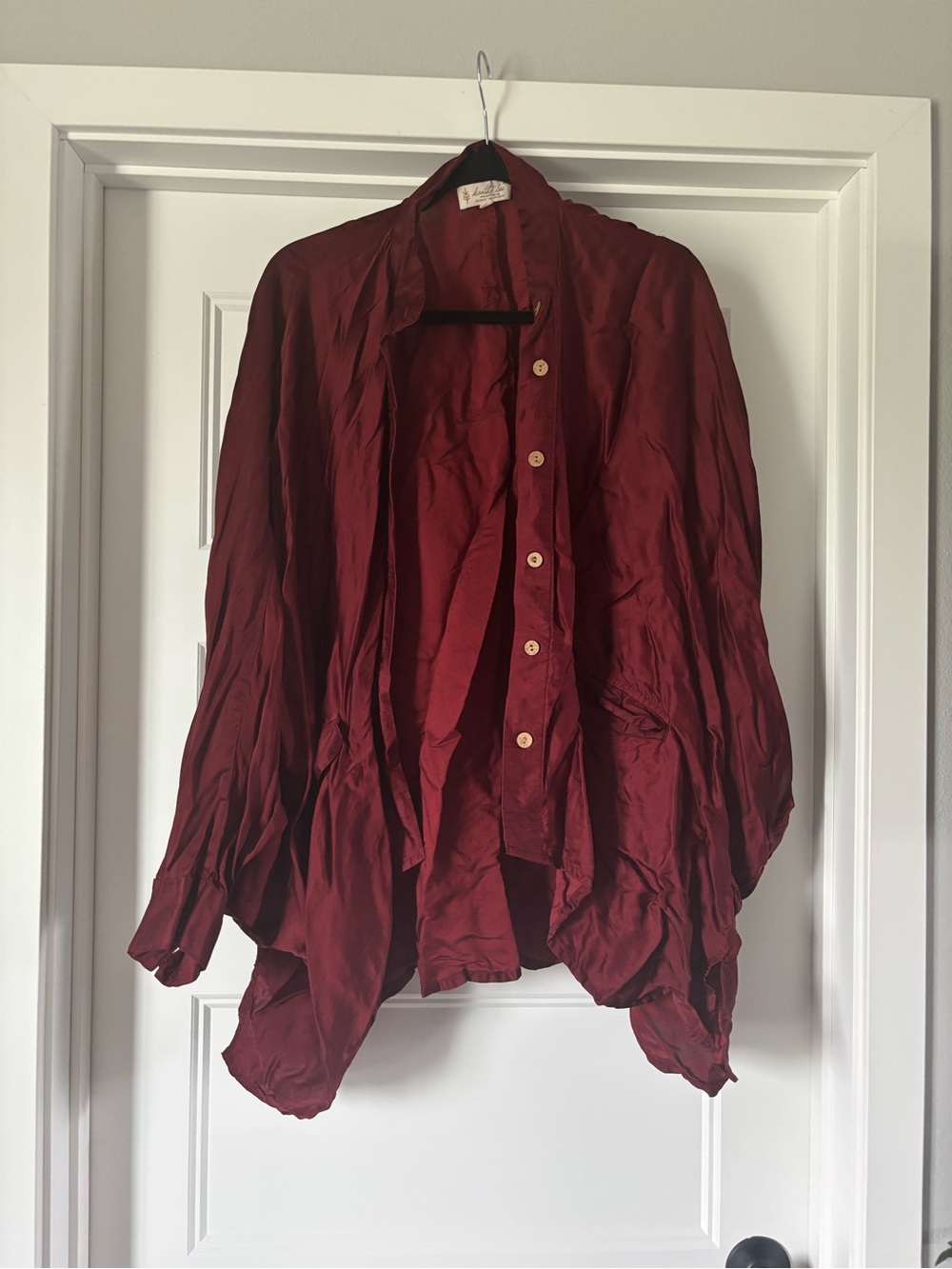 Kantha Bae Silky Maroon Button-Front Draped Blouse